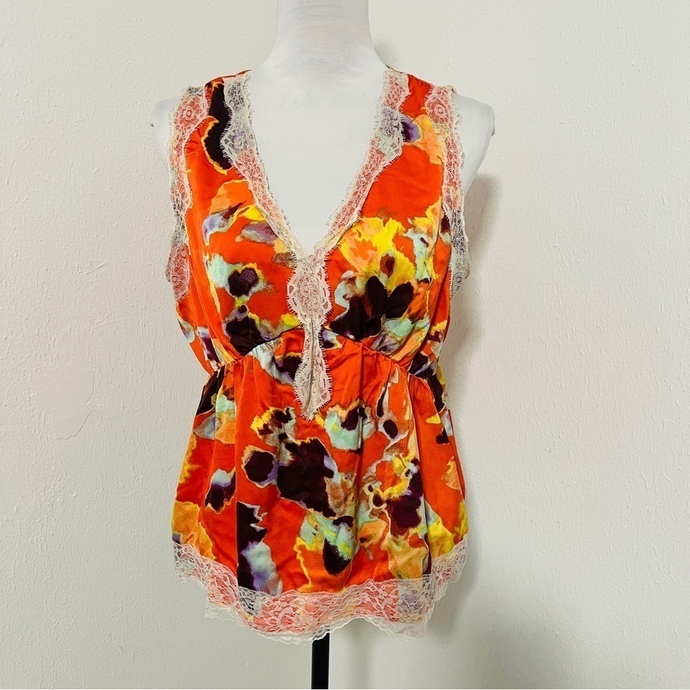 Rebecca Minkoff Women’s Large Floral Lace Trim Sleeveless V-Neck Top Colorful